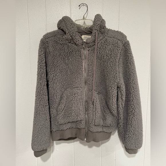 3/$25🎈Ashley by 26 International Outwear teddy charcoal gray Sherpa bomber - Picture 1 of 10